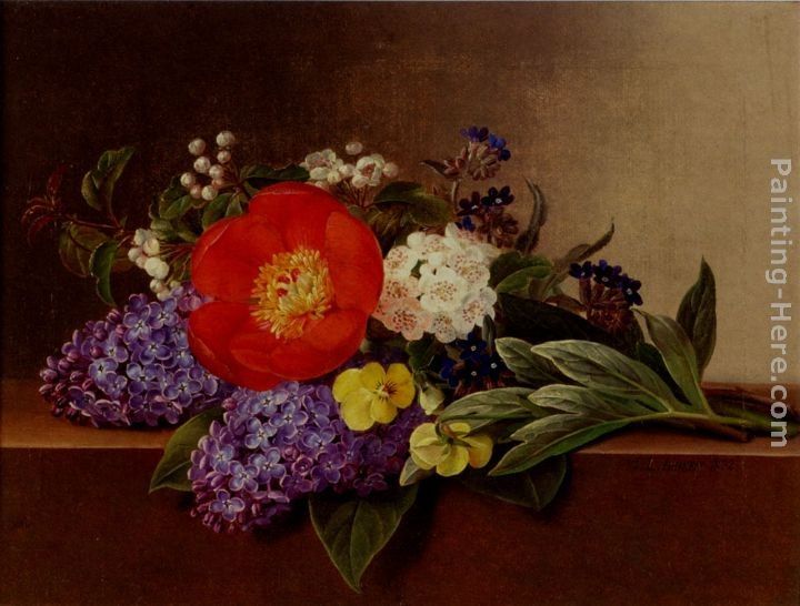 Johan Laurentz Jensen Lilacs, Violets, Pansies, Hawthorn Cuttings, And Peonies On A Marble Ledge